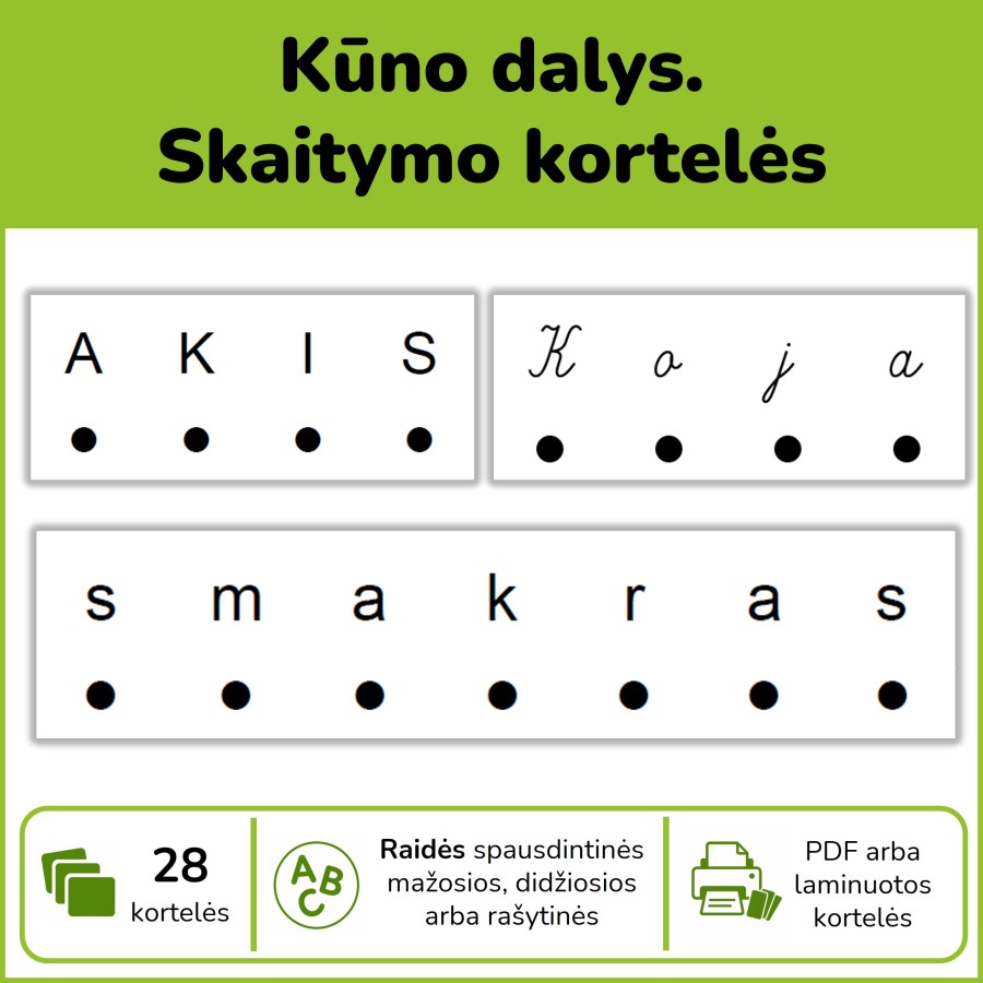 Skaitymo kortelės. Kūno dalys (Nr. P88)