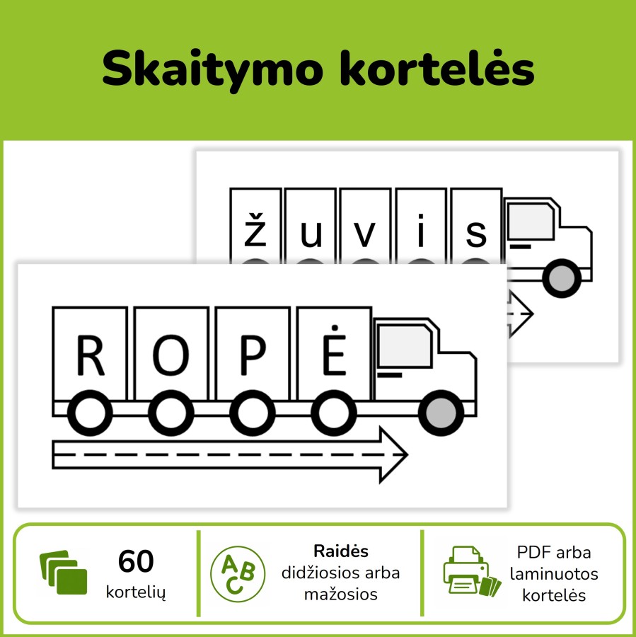 Skaitymo kortelės „Sunkvežimiai“ (Nr. P25)