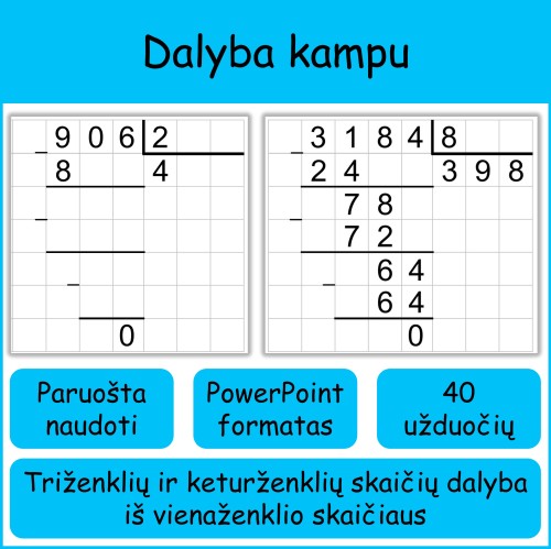 Dalyba kampu iš vienaženklio skaičiaus (Nr. 260)