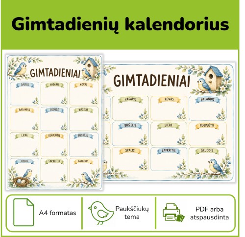 Gimtadienių kalendorius | Paukščiukų tema (Nr. P178)