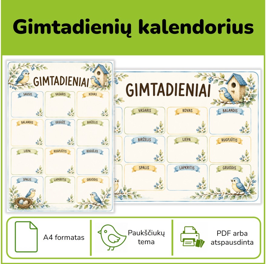 Gimtadienių kalendorius | Paukščiukų tema (Nr. P178) Gimtadienių kalendorius | Paukščiukų tema (Nr. P178)
