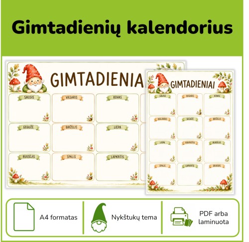 Gimtadienių kalendorius | Nykštukų tema (Nr. P177)