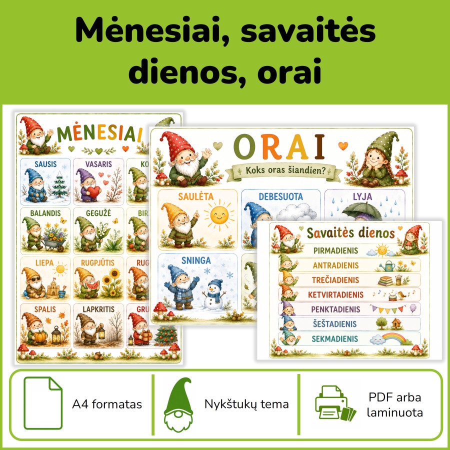 Mėnesiai, savaitės dienos ir orai | Nykštukų tema (Nr. P176)