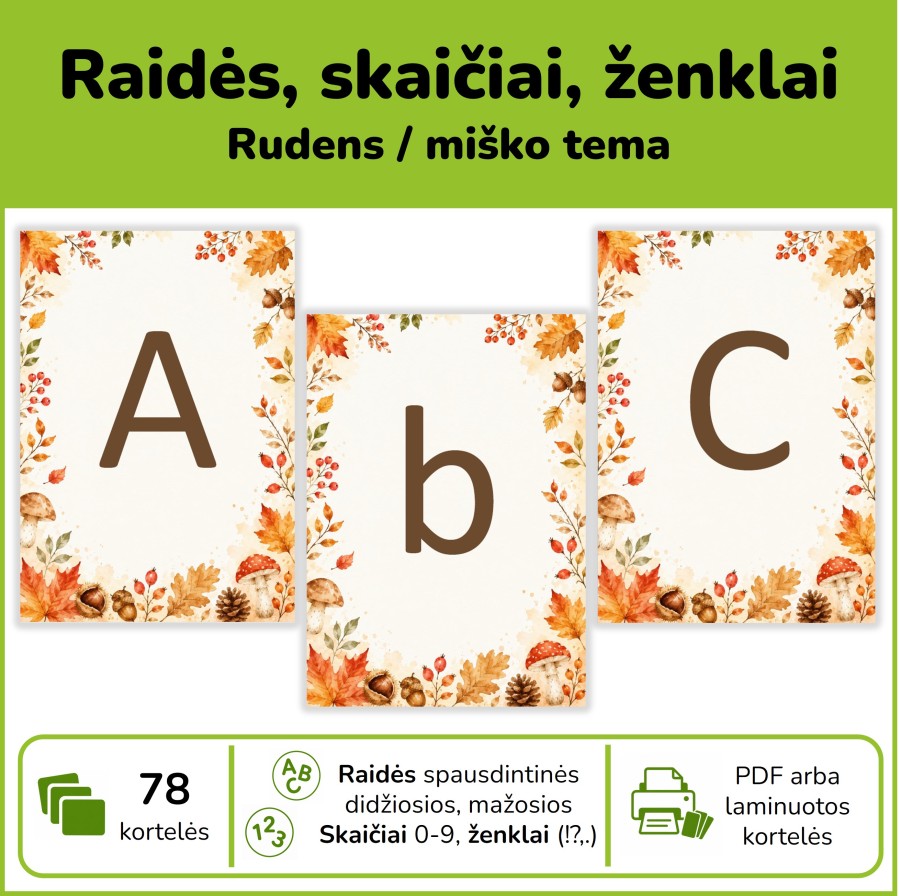 Raidės, skaičiai, ženklai | Rudens / miško tema (Nr. P173) Raidės, skaičiai, ženklai | Rudens / miško tema (Nr. P173)