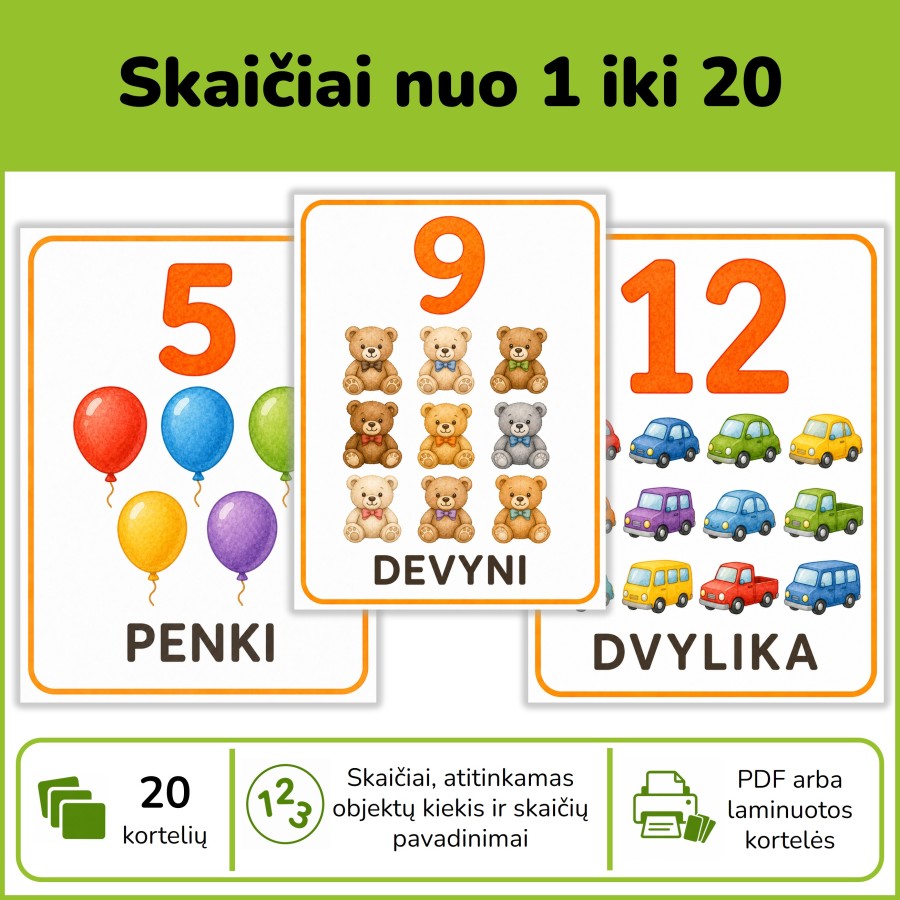 Skaičiai iki 20 | Iliustruoti ir su pavadinimais (Nr. P206) Skaičiai iki 20 | Iliustruoti ir su pavadinimais (Nr. P206)